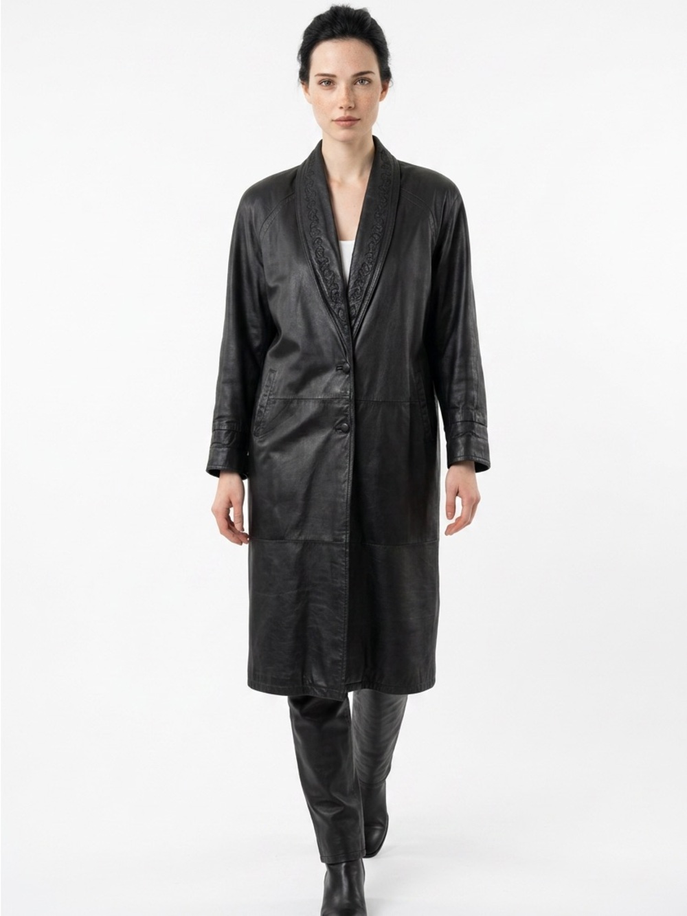 VINTAGE |•G-III•| Black Full Length Trench Coat Embroidered Collar Size Medium